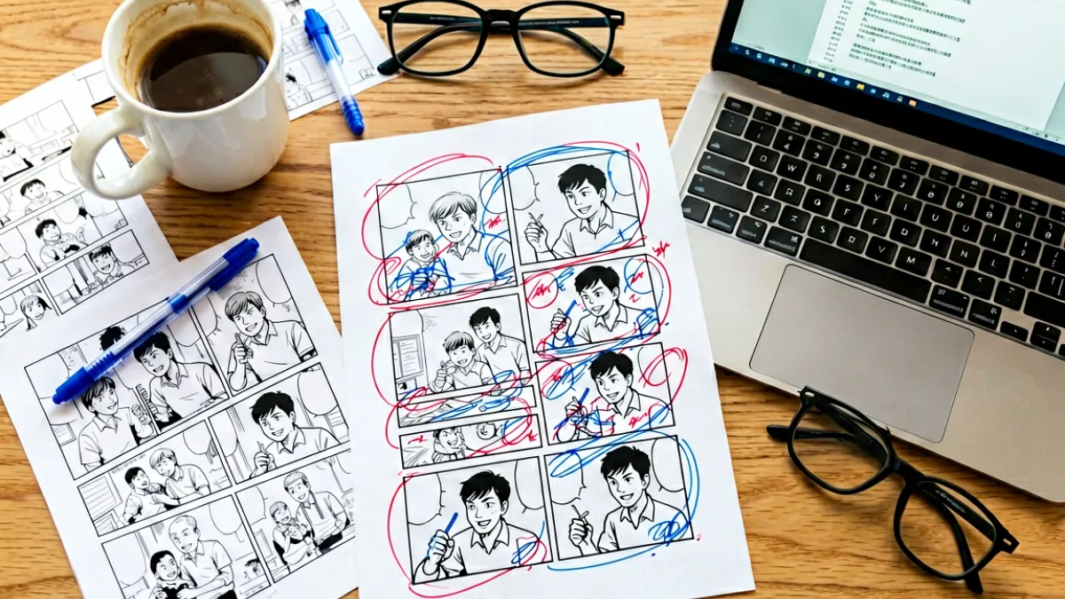 一张铺满桌面的漫画分镜稿与编辑校对标记，红笔圈注细节，旁边放着一杯咖啡和打开的笔记本电脑，展现严谨的内容审核场景